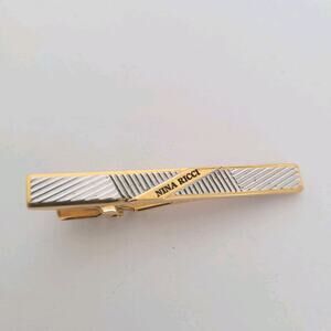Nina Ricci Gold Silver Tone Tie Bar Clip 2 Inch Logo Vintage Geometric Clasp